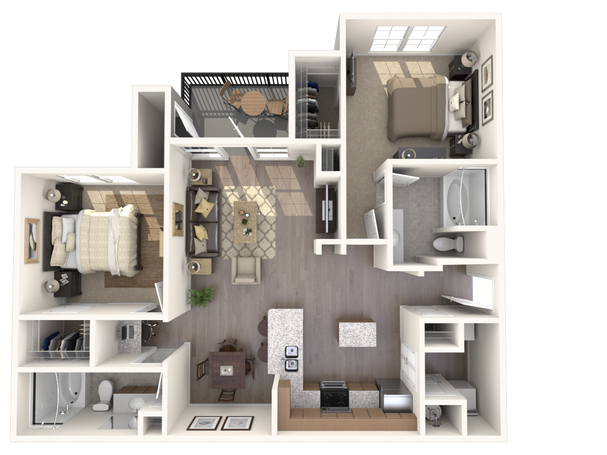 Floor plan for 2 beds, 2 baths, 1272 sqft